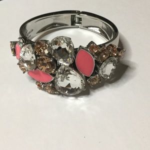 KATE SPADE CRYSTAL AND ENAMEL HINGED BRACELET SILVER PINK EUC